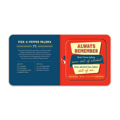 inside view of red and blue pages with a coaster on one side with text "always remember"