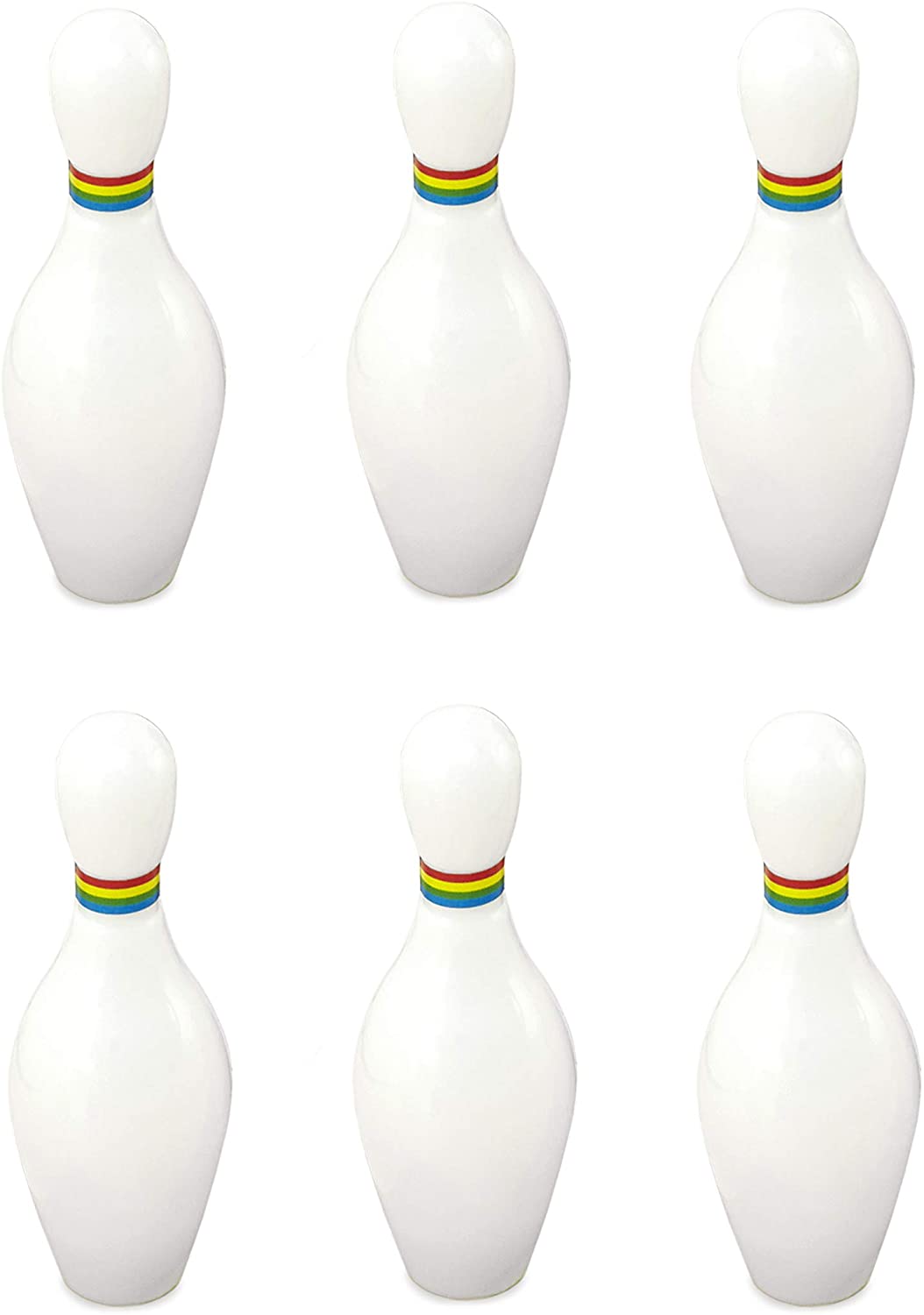 six tabletop bowling pins displayed on a white background