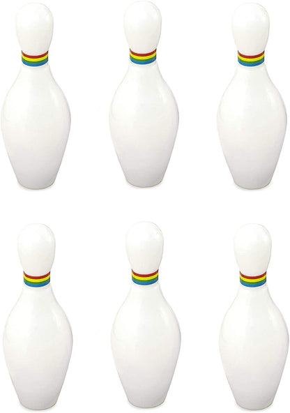 six tabletop bowling pins displayed on a white background