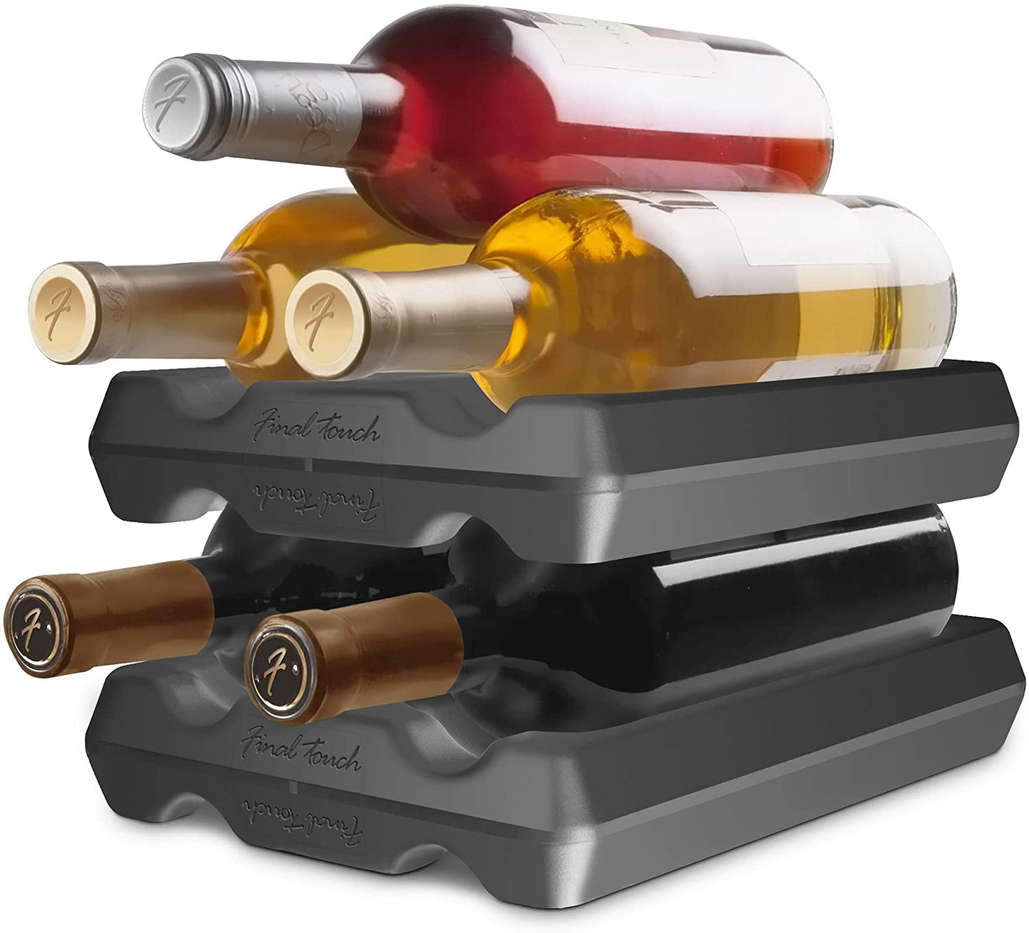 two wine bottle stackers illustrated stacked with multiple wine bottles on a white background