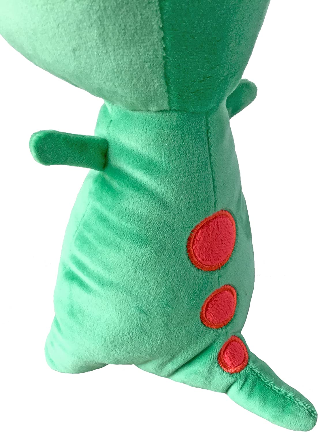 back view of tiny t rex plush toy on a white background