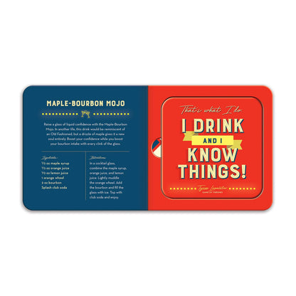 inside view of red and blue pages with a coaster on one side with text "i drink and i know things!"
