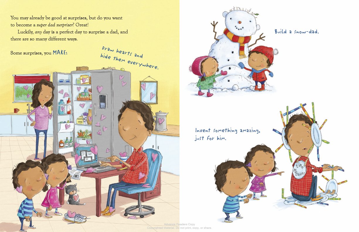 another set of pages with graphics of a boy and girl standing next to the dad while working on the computer, boy and girl building a snowman, and the boy and girl creating something with their dad