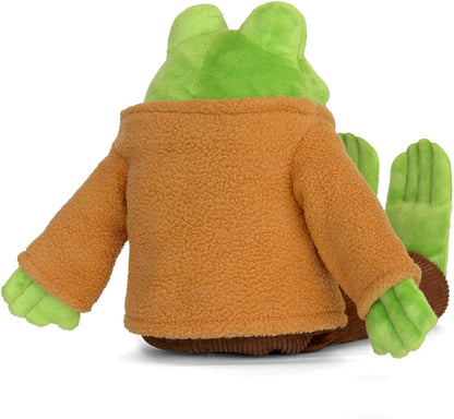 back view of plush frog dool sitting down,, on white background.