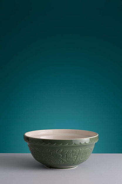 mixing bowl on grey counter with teal background.