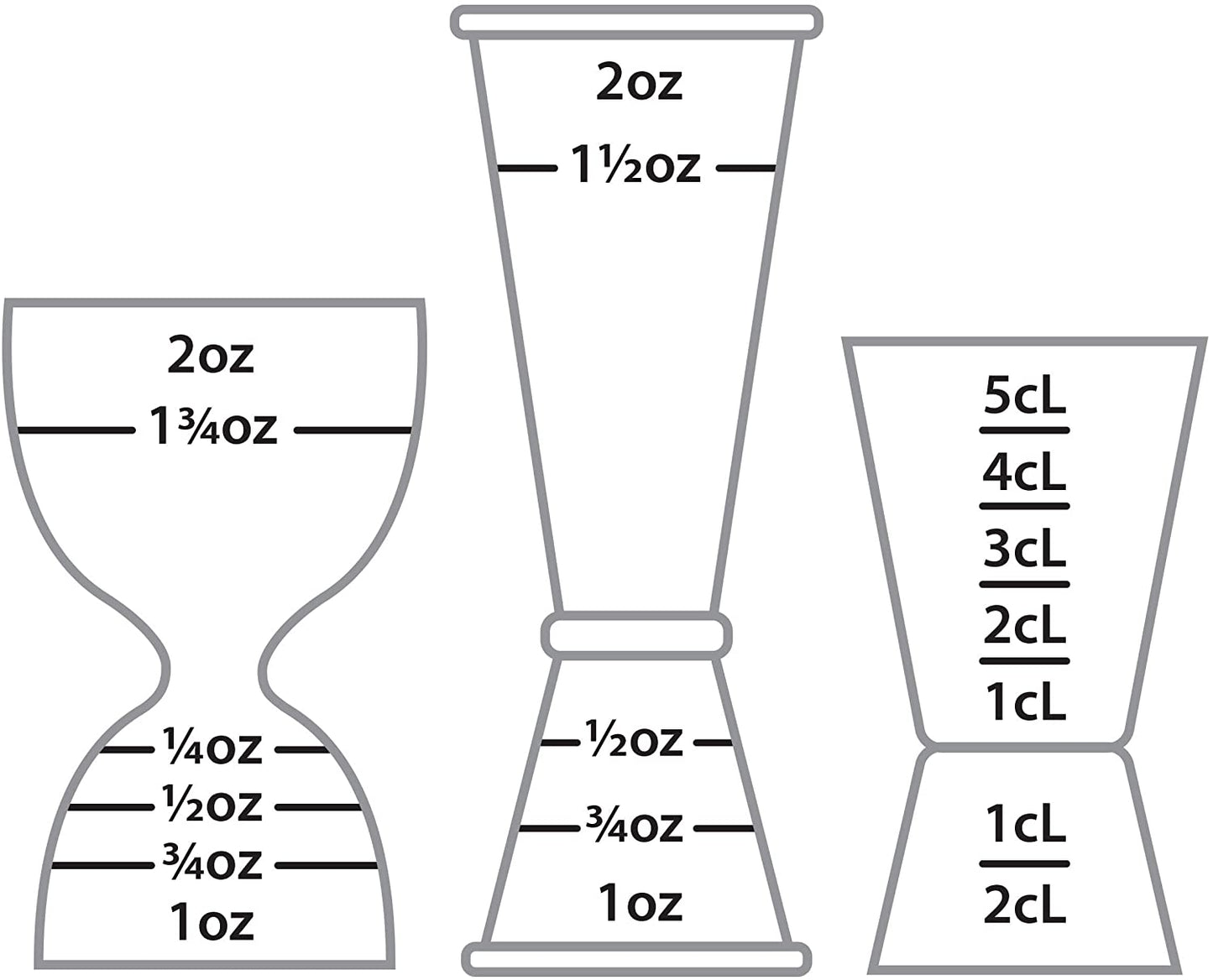 illustration of measurements for each of the stainless steel double jiggers on a white background