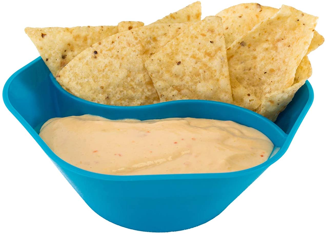 blue fiesta double dipping bowl displayed with chips and dip on a white background