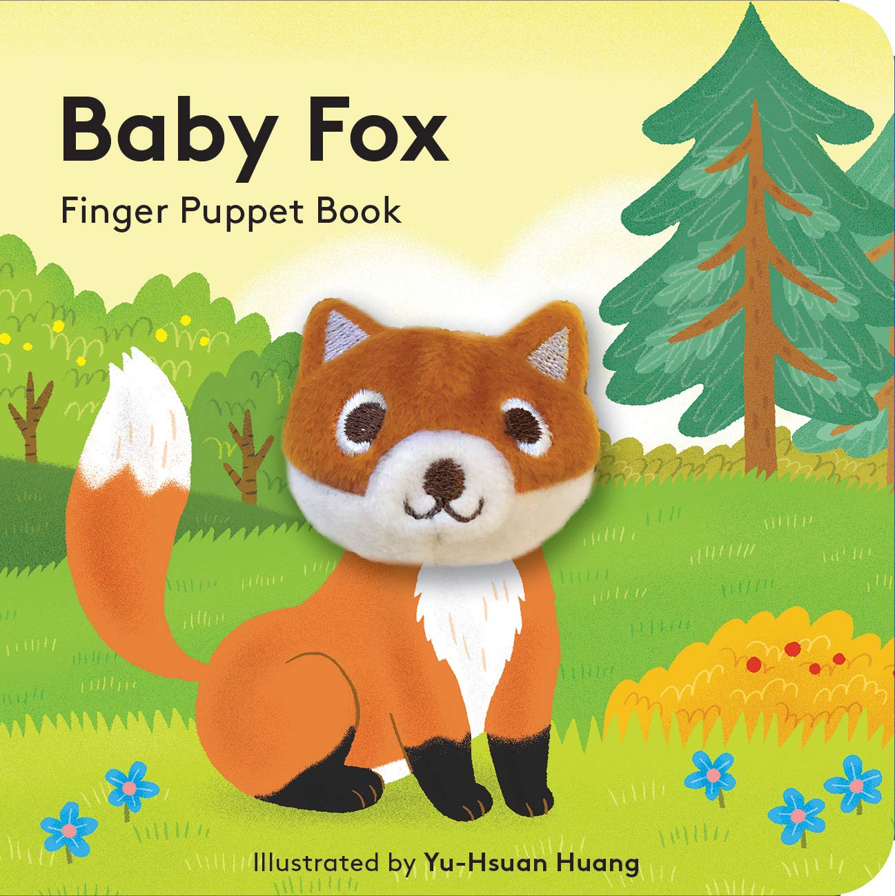 book cover with illustration of baby fox with puppet head in the forest, title, and illustrators name