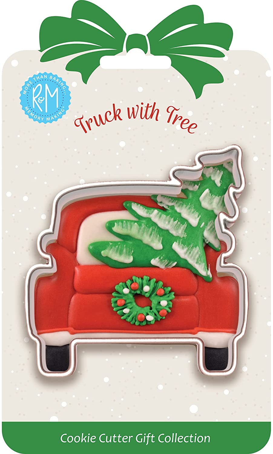 truck with tree in back shaped metal cookie cutter on card packaging.