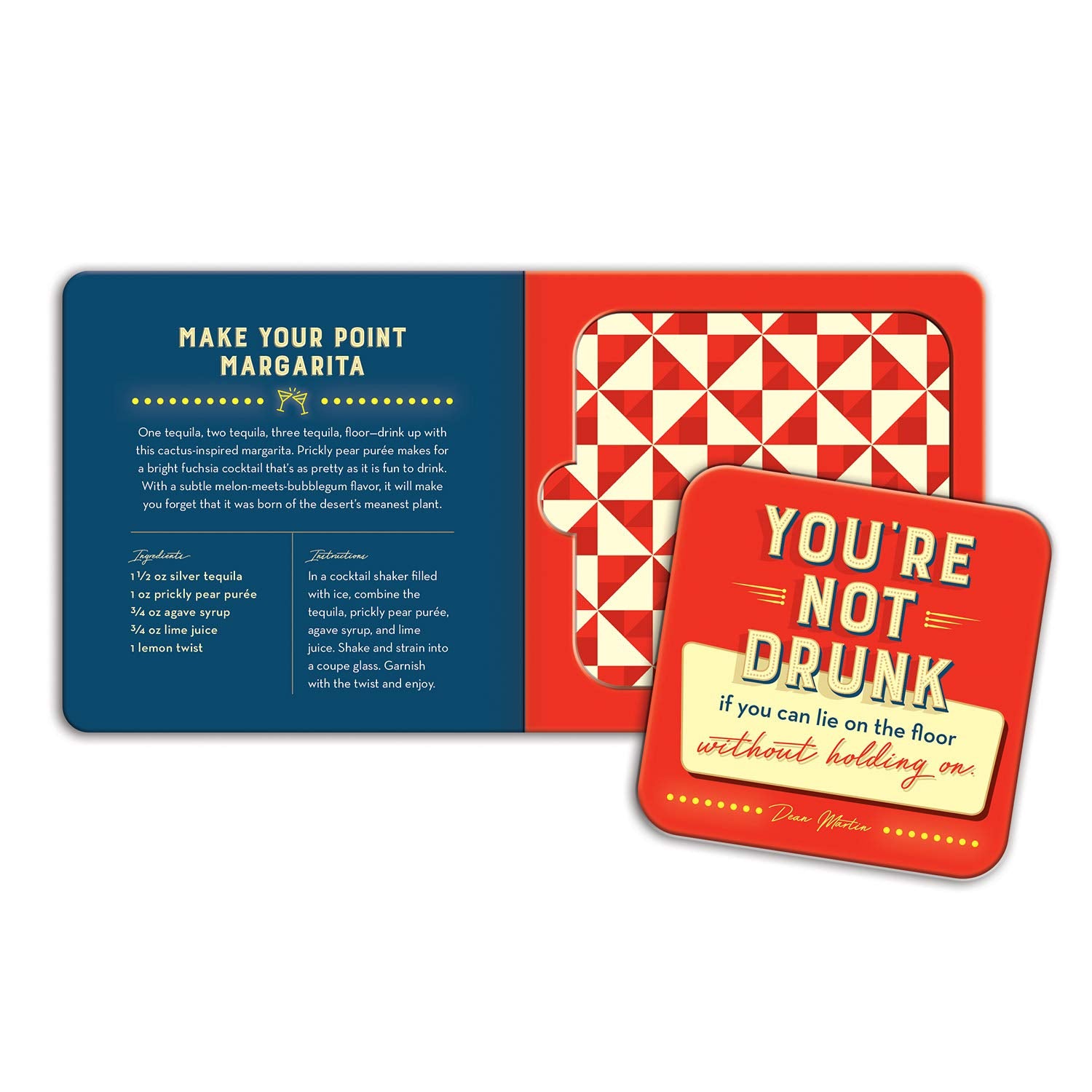inside view of red and blue pages with a coaster on one side with text "you're not drunk"