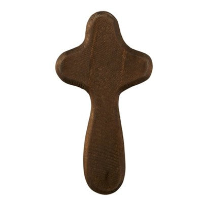 walnut hand held wooden cross on a white background