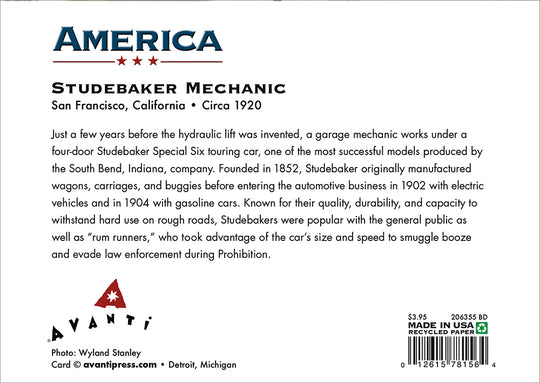 back of card has historical text describing the picture of the studebaker