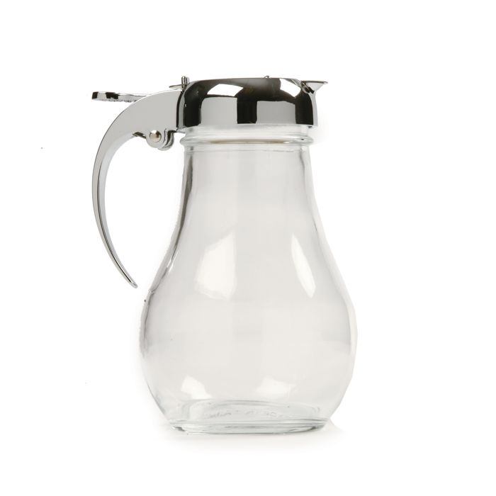 glass syrup dispenser on a white background.
