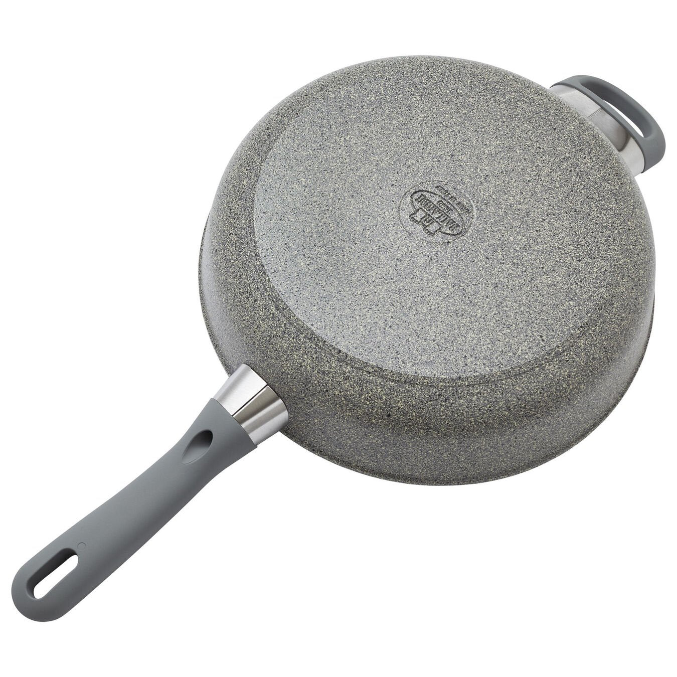 bottom view of saute pan showing logo on white background