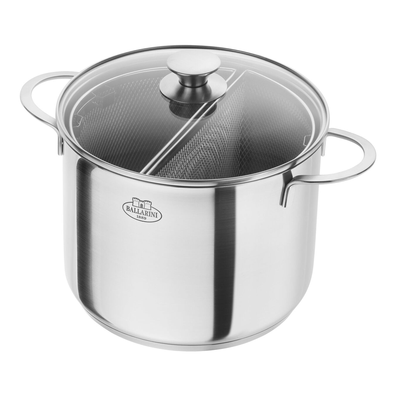 stainless steel pot with rounded handles, glass lid, and two separate half circle straining pot inserts
