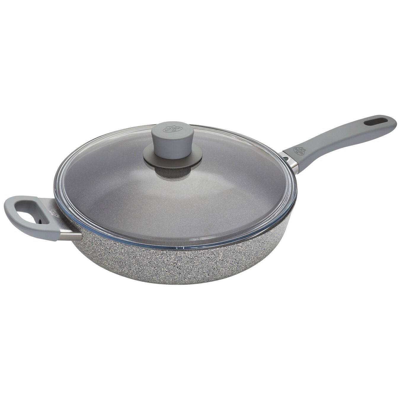 saute pan with lid and helper handle on white background