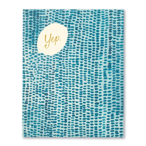 front of card abstract dots with quote bubble saying yep