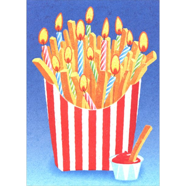 front of card is a drawing of french fries mixed with lit birthday candles