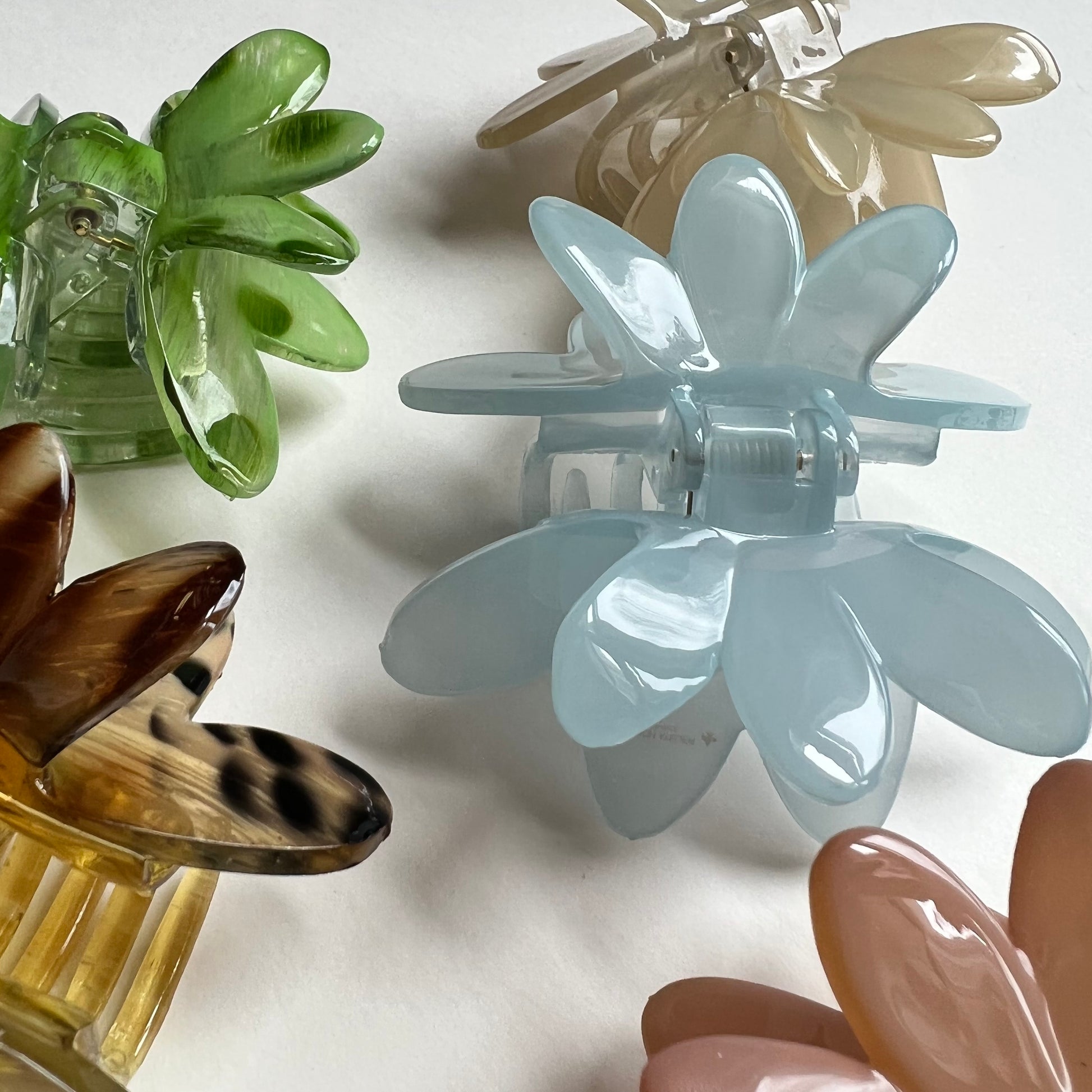 close-up of waterlily hair clips.