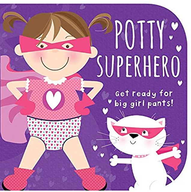 purple front cover of book with girl superhero in underwear next to superhero cat