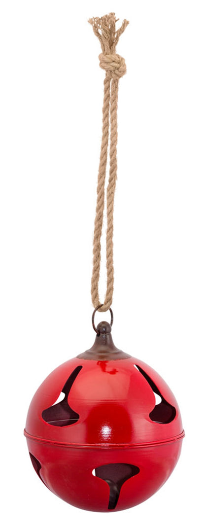 red jingle bell hanging from jute rope.