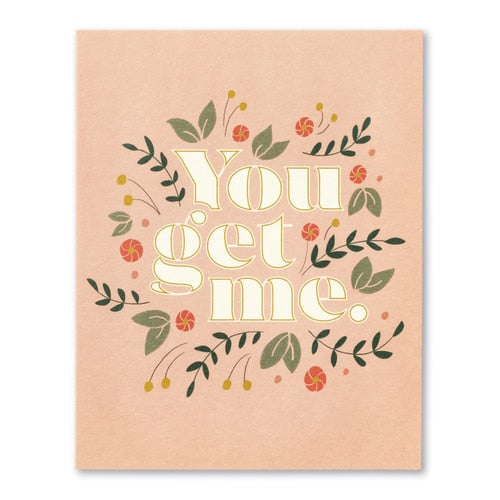 front of card is pink with floral design and cream bold front text