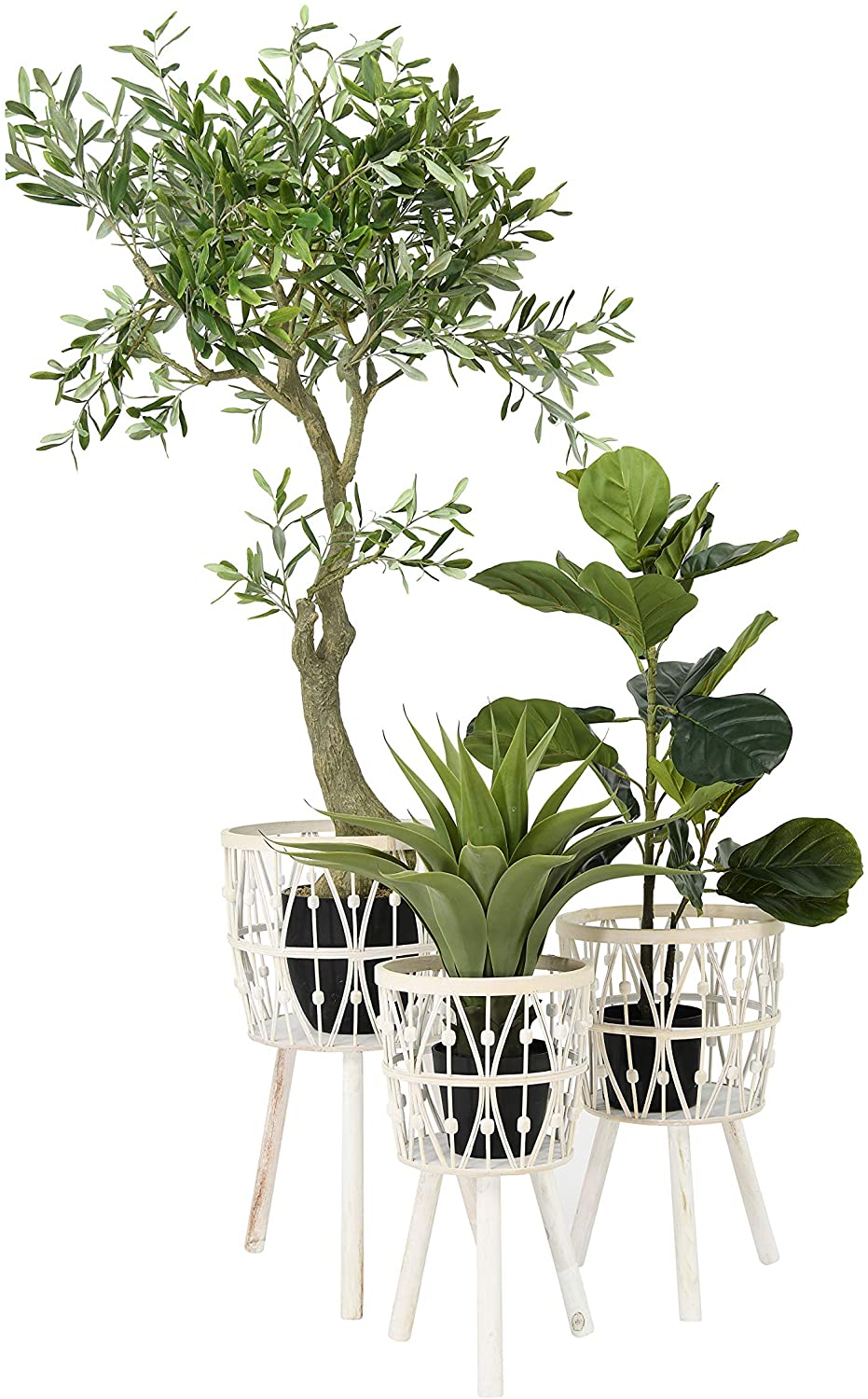 all three sizes of bamboo and wood baskets with legs filled with large plants against a white background