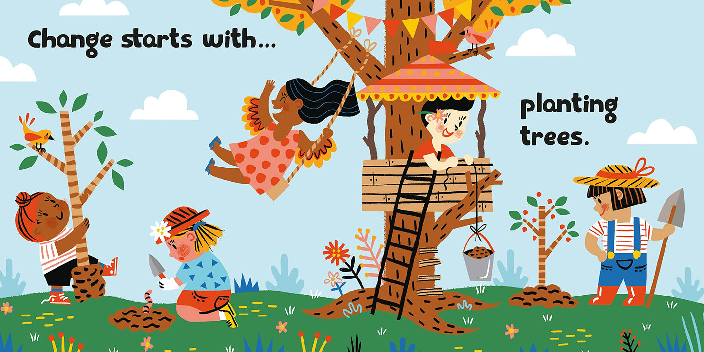 inside look of book with kids planting trees, playing in a play house, and swinging on a swing with text