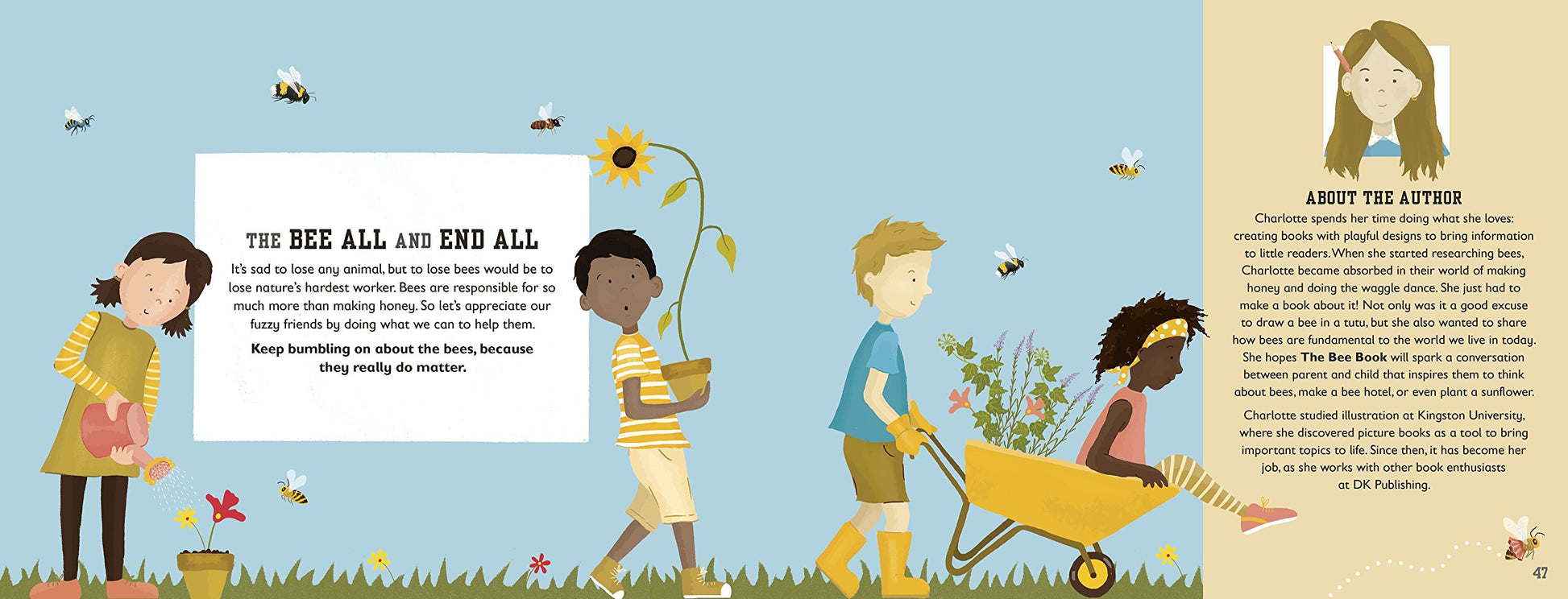a third set of pages with illustration of children planting and caring for plants, and text