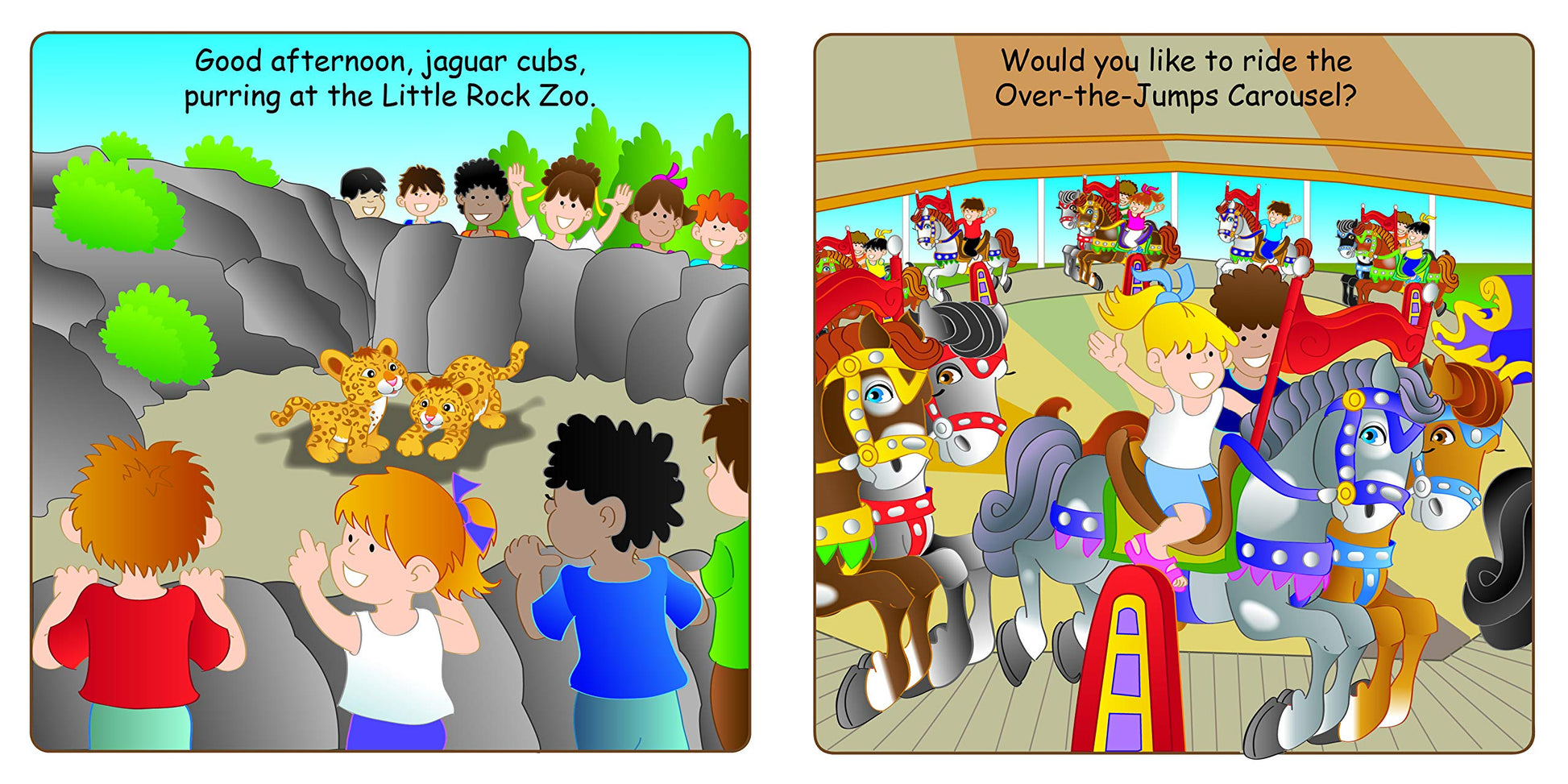 third set of pages with kids looking at jaguars at a zoo, the next with kids riding a carousel, and text