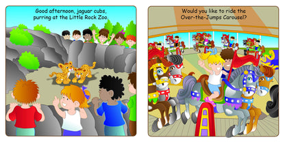 third set of pages with kids looking at jaguars at a zoo, the next with kids riding a carousel, and text