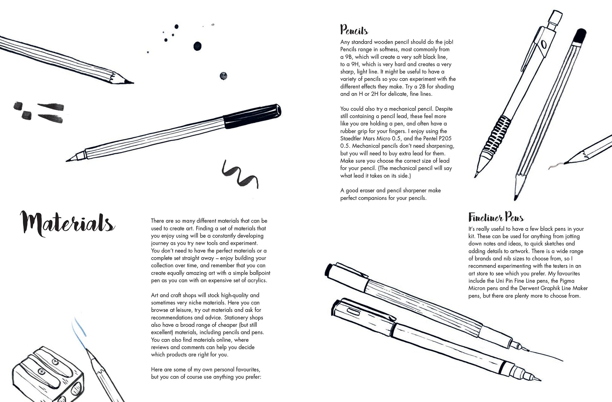 inside view with text, sketches of pens and pencils