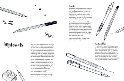inside view with text, sketches of pens and pencils