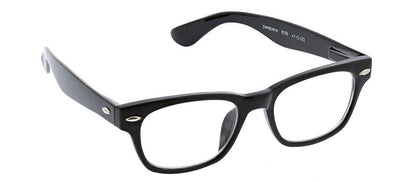 left angled view of black clark glasses on a white background