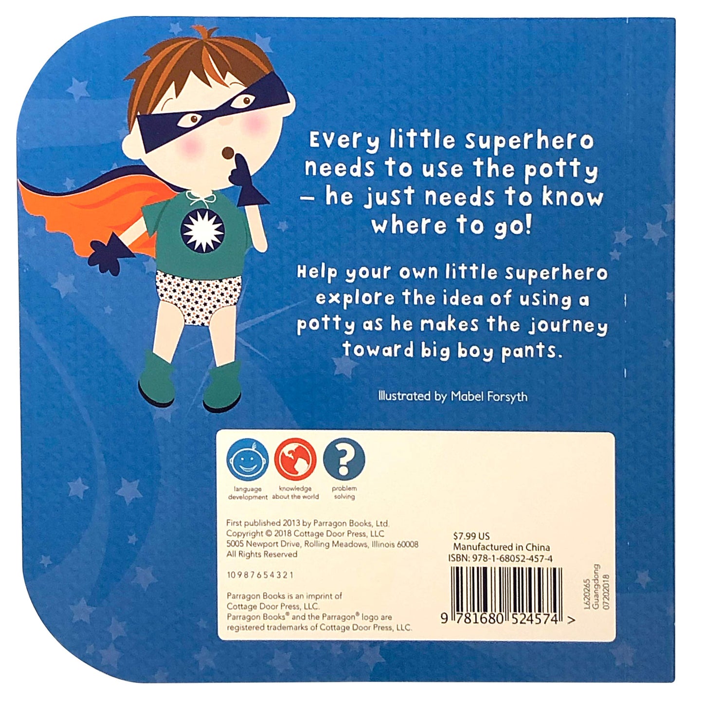 blue back of book with superhero boy in underwear and text