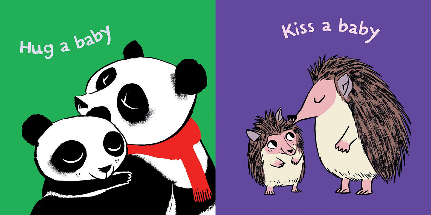 two more pages with illustration of a mother panda hugging her baby and the other has a mother hedgehog kissing her baby hedgehog