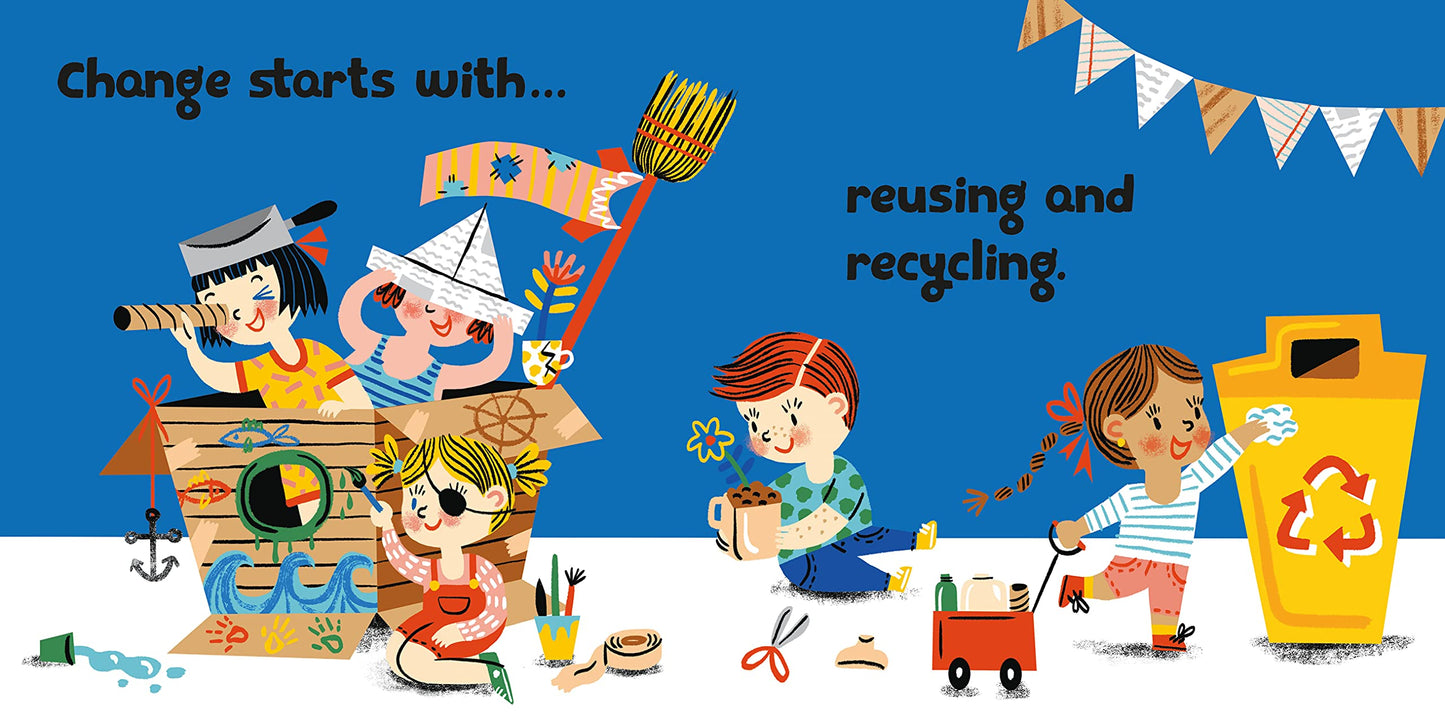 a page of kids playing in a cardboard pirate ship, planting flowers, recycling, and text