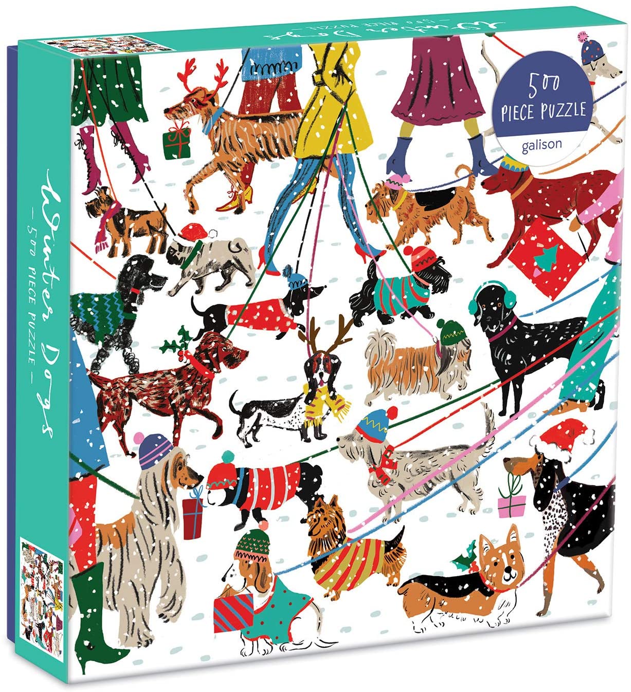 cover of puzzle box with graphics of dogs on leashes wearing colorful sweaters and hats.