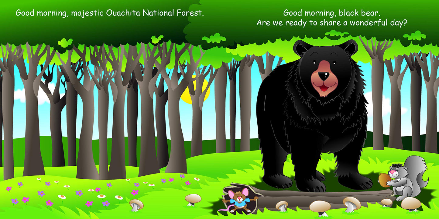 inside look of first pages with a black bear in the forest with a mouse and squirrel