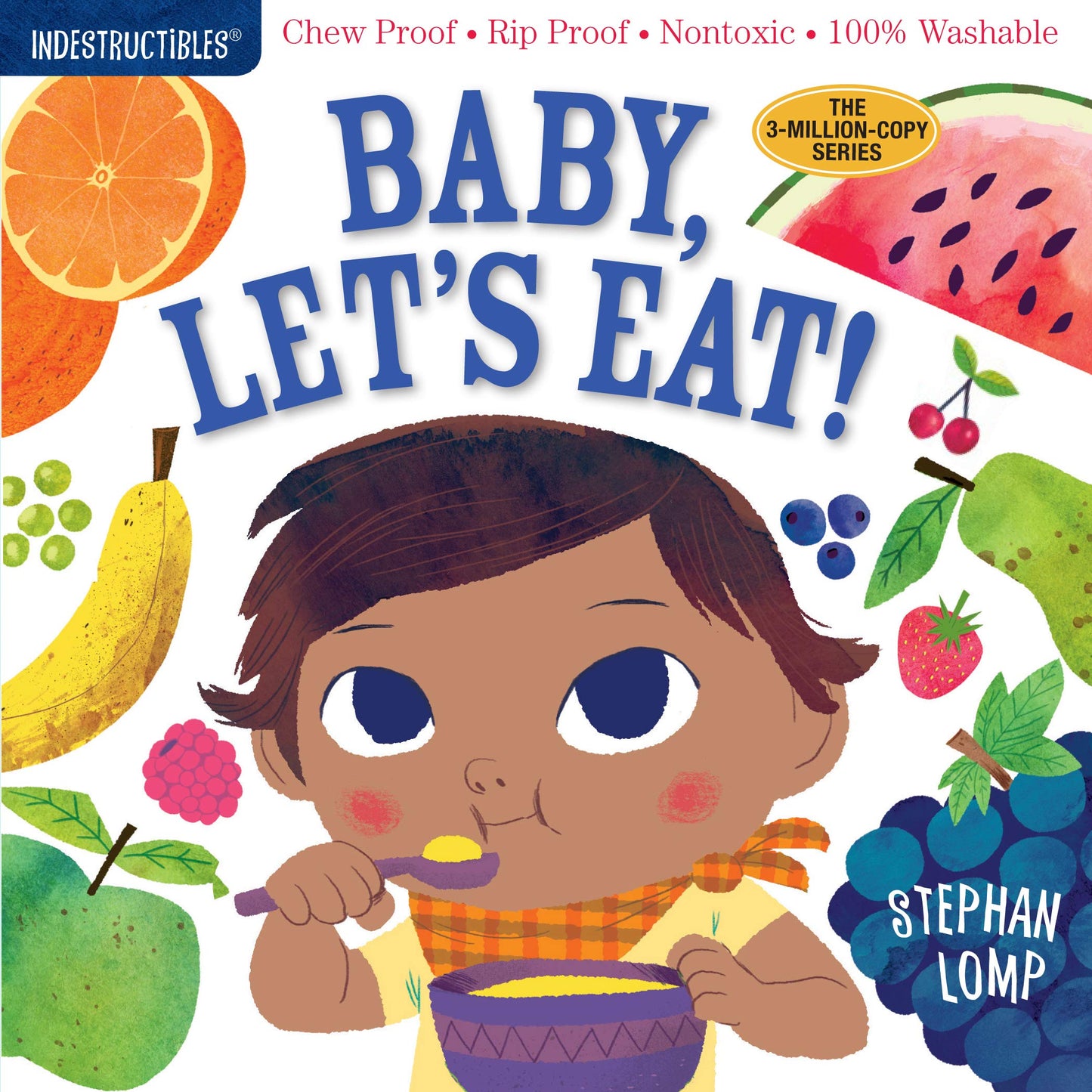 front cover of book has illustration of a boy eating a bowl of cereal and surrounded by all types of fruit, title, and author's name