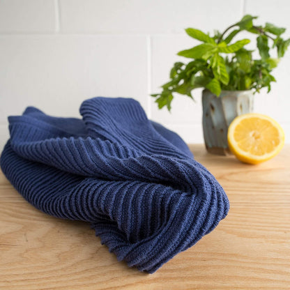 dishtowel laying on counter with lemon and plant.