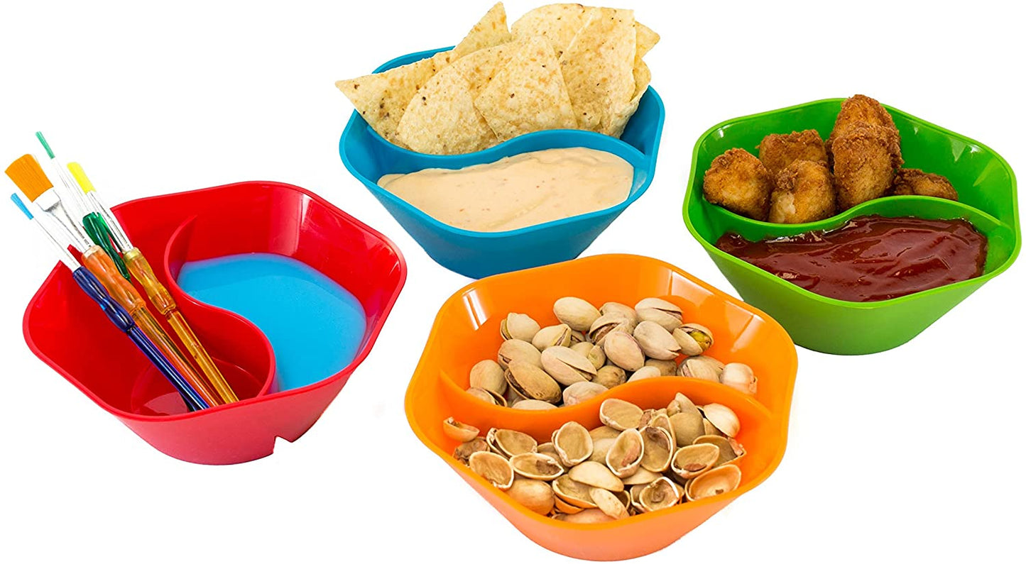 four classic fiesta double dip bowls filled with different foods displayed on a white background