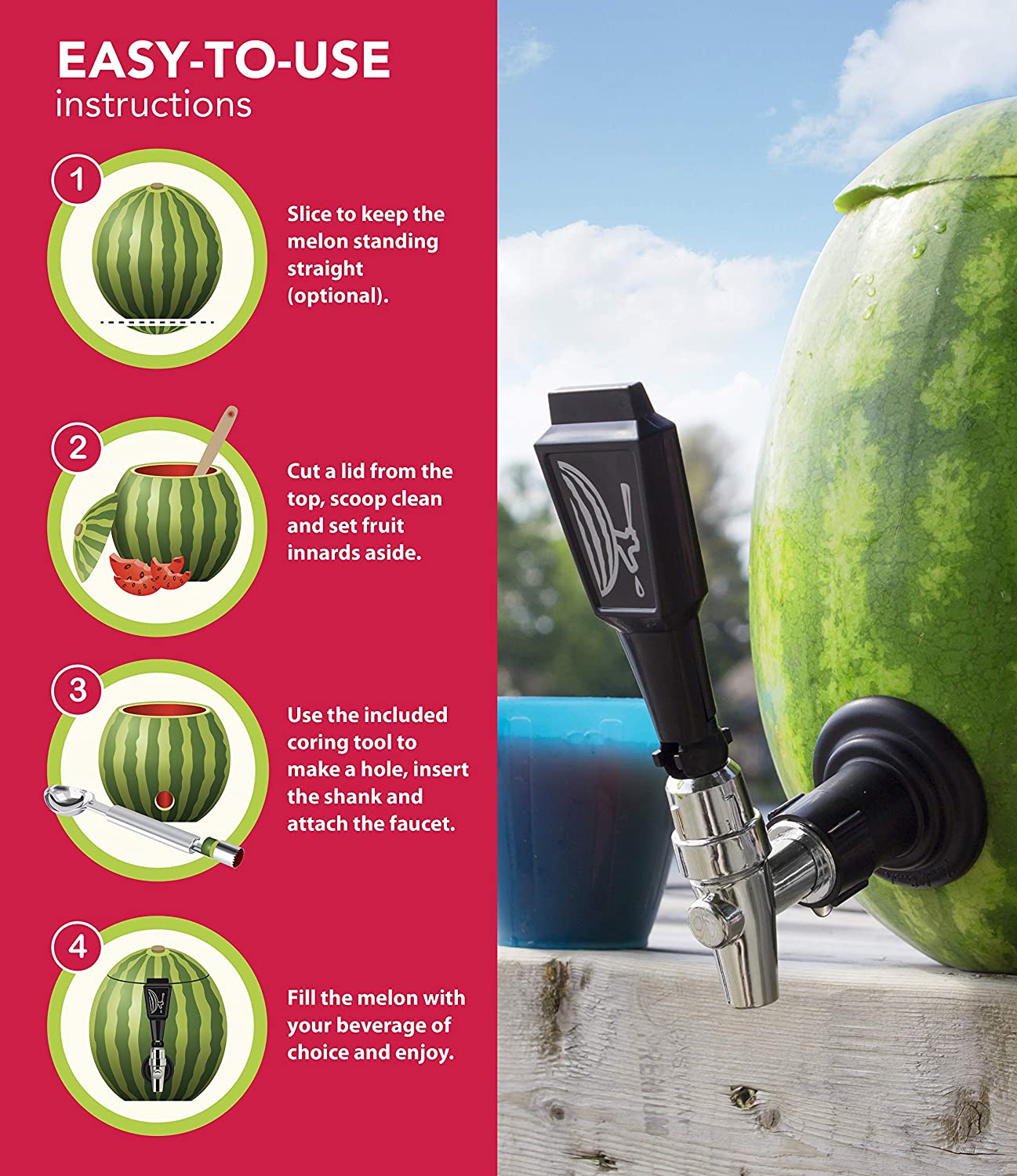 illustrations on how to use the watermelon keg tapping kit on a pink background