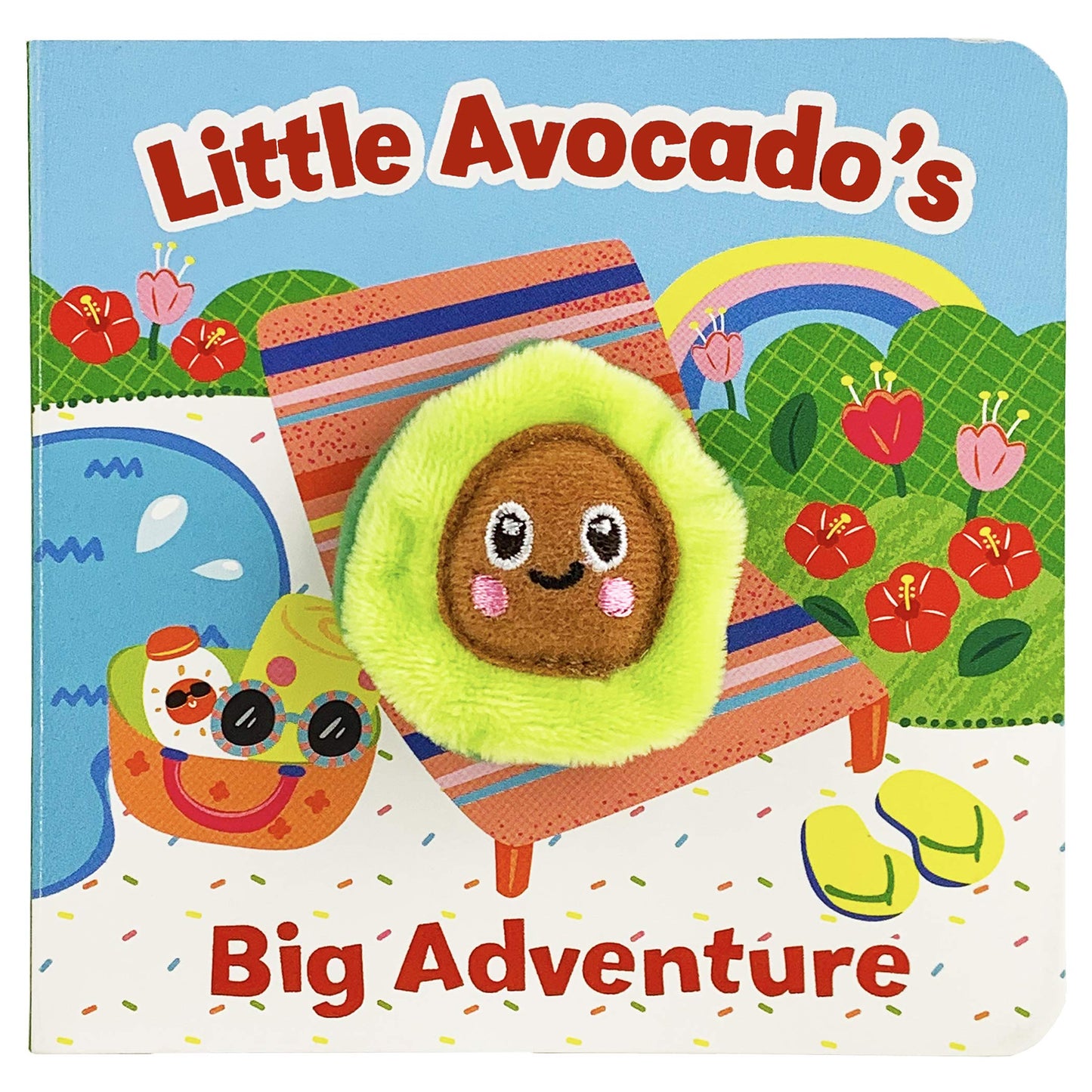 front of book with graphic of avocado on a lounge chair next to a pool and title