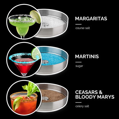illustration of the different uses for the cocktail rimmer on a black background