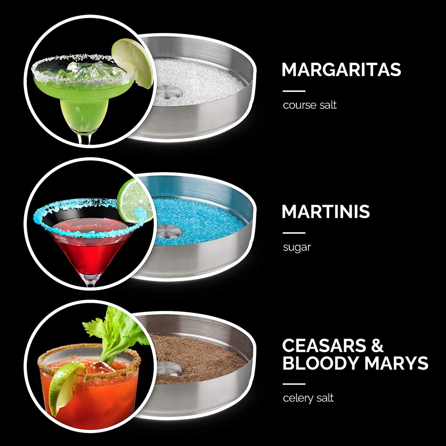 illustration of the different uses for the cocktail rimmer on a black background