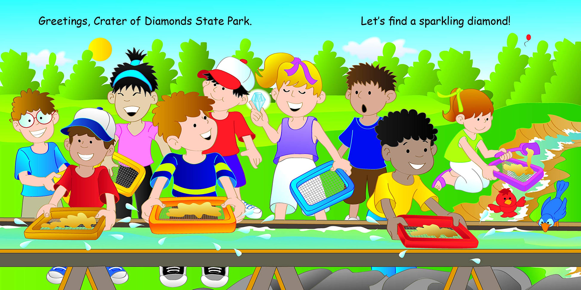 next pages with illustration of kids sifting sand looking diamonds and text