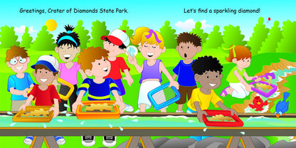 next pages with illustration of kids sifting sand looking diamonds and text