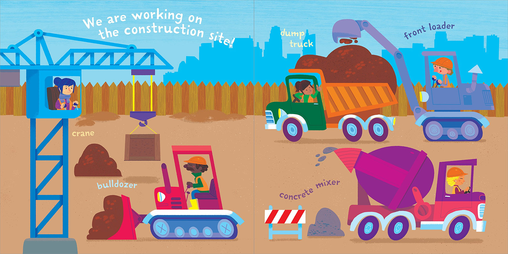 another set of pages with illustration of different kinds of construction vehicles on a worksite