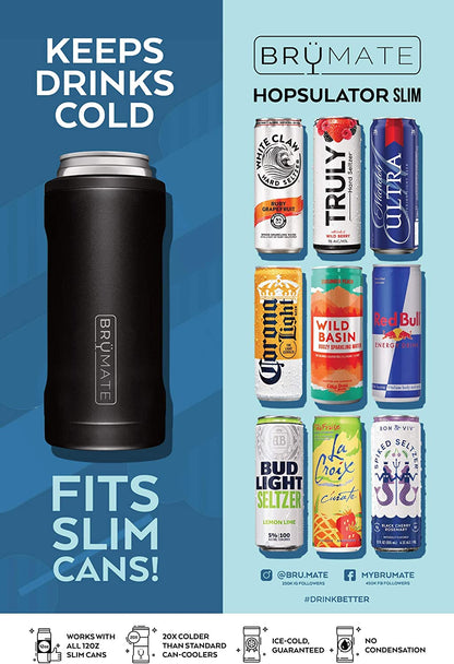hopsulator slim can cooler illustrating its compatible with multiple 12 ounce slim cans on a blue and light blue background